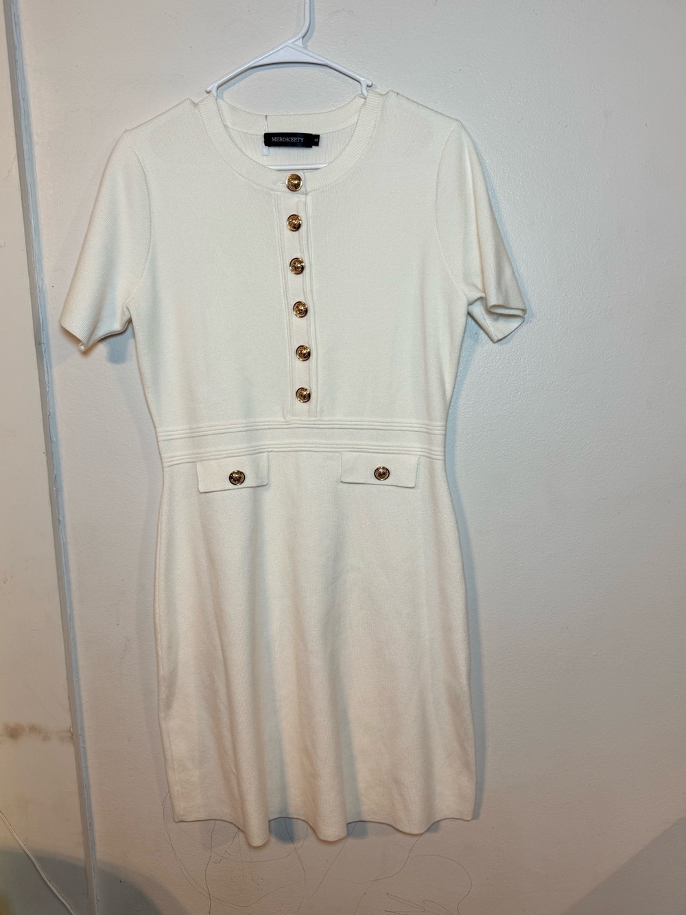 Maje Cream Knit Mini Dress with Gold Buttons